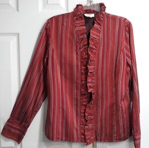 Talbots Silk Red Striped Ruffle Blouse Long-Sleeve Front button Size Plus 16